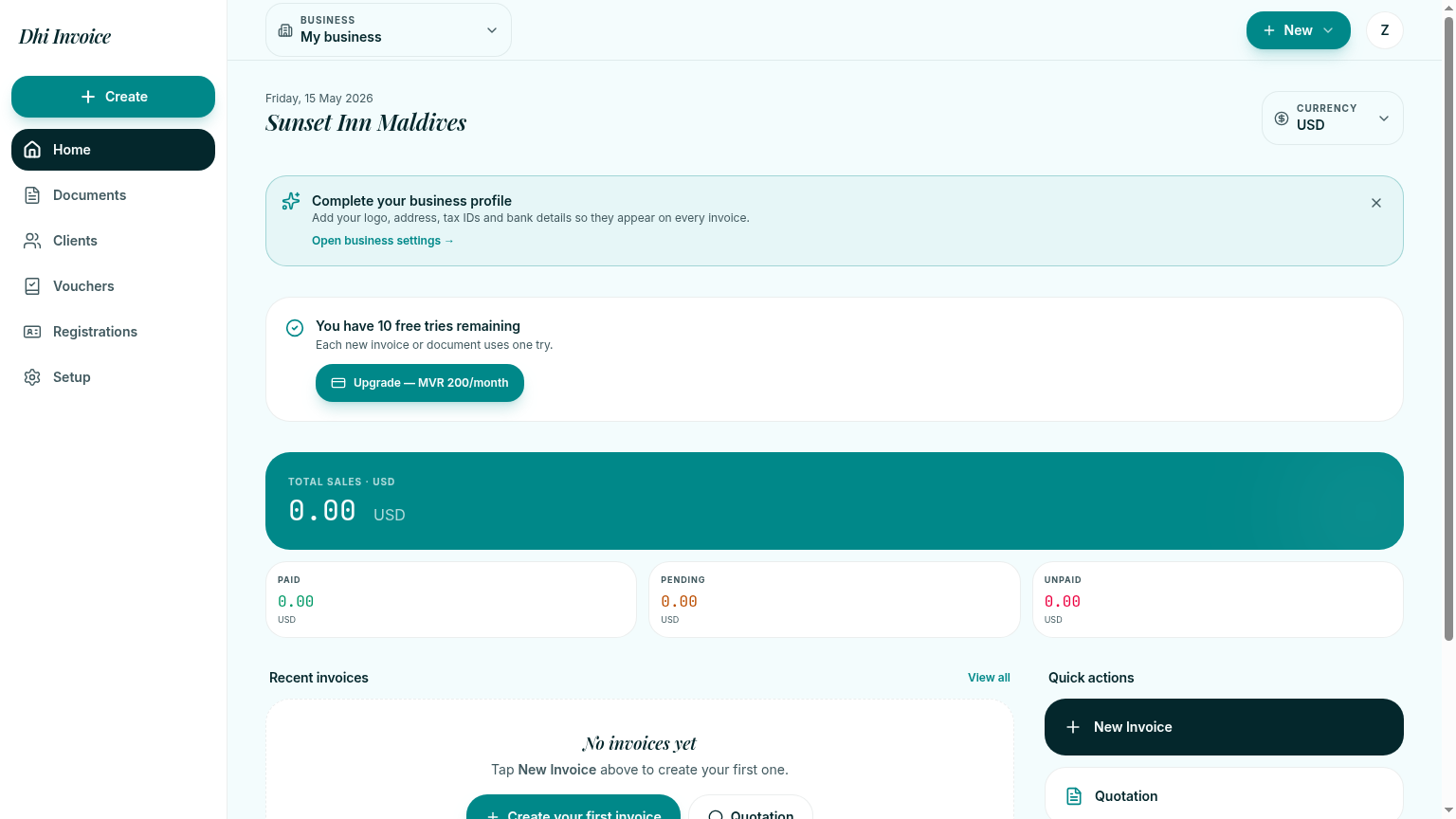 Dhi Invoice dashboard on desktop